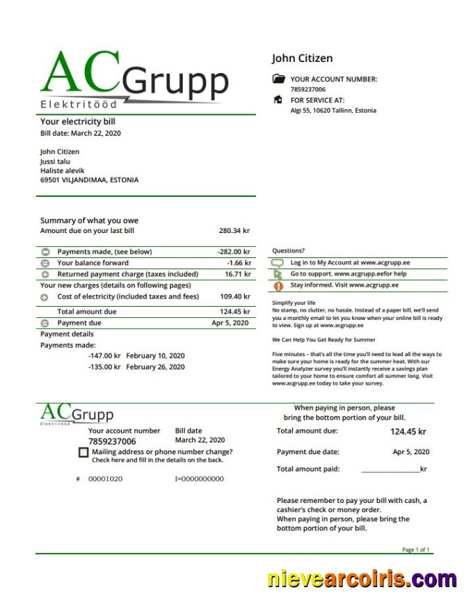 Estonia AC Grupp OÜ electricity utility bill